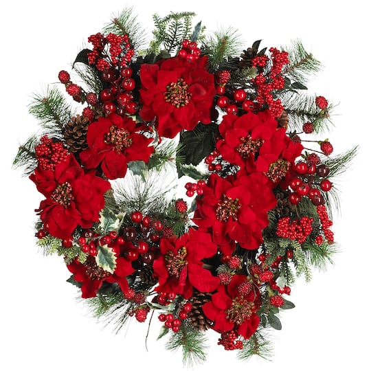 24" Red Poinsettia & Berry Wreath